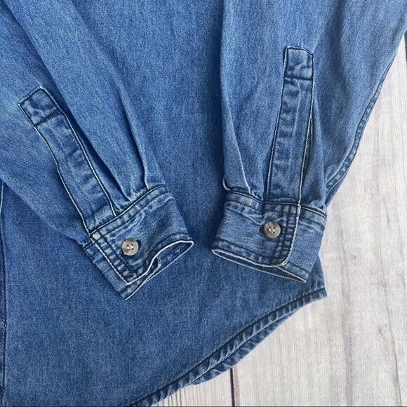 Solutions Denim Christmas Holiday Denim Button Up Shirt Embroidered Small Ugly - Picture 8 of 10